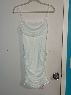 SHEIN White Draped Cowl Mini Dress with Spaghetti Straps